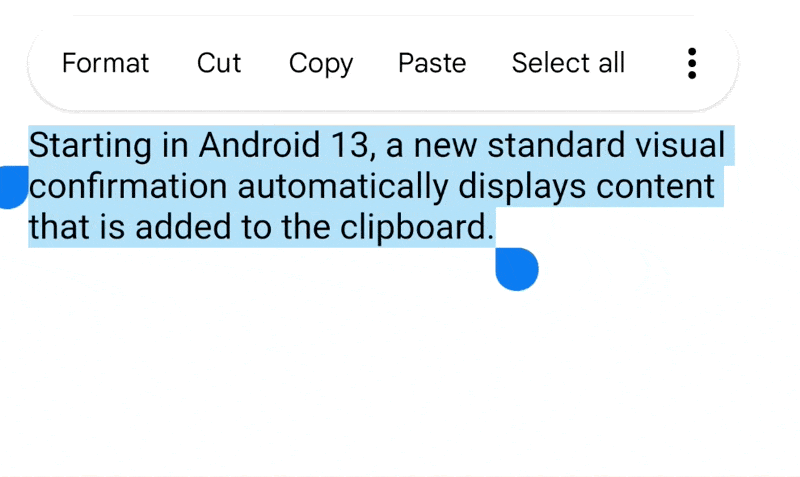 Android 13 UI shown when content enters the clipboard.