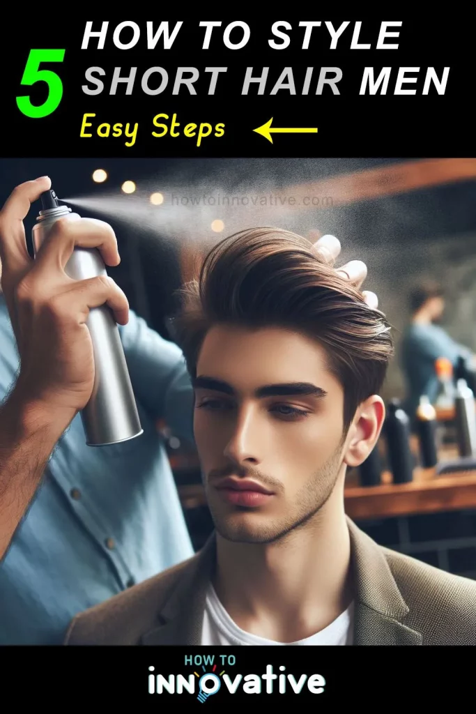 How to Style Short Hair Men 5 Easy Steps - a man using light mist of hairspray to hair in salon